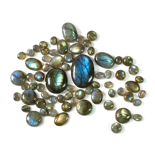 collection of labradorite cabochons showing labradorescence
