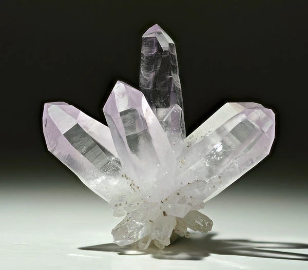 cluster of mostly colourless quartz crystals