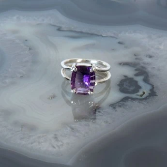 cut amethyst gemstone ring mounted in sterling silver 